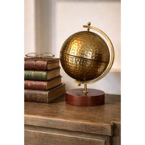 Vintage Heavy Cast Metal Globe Orb Sculpture on Wood Base Study Decor